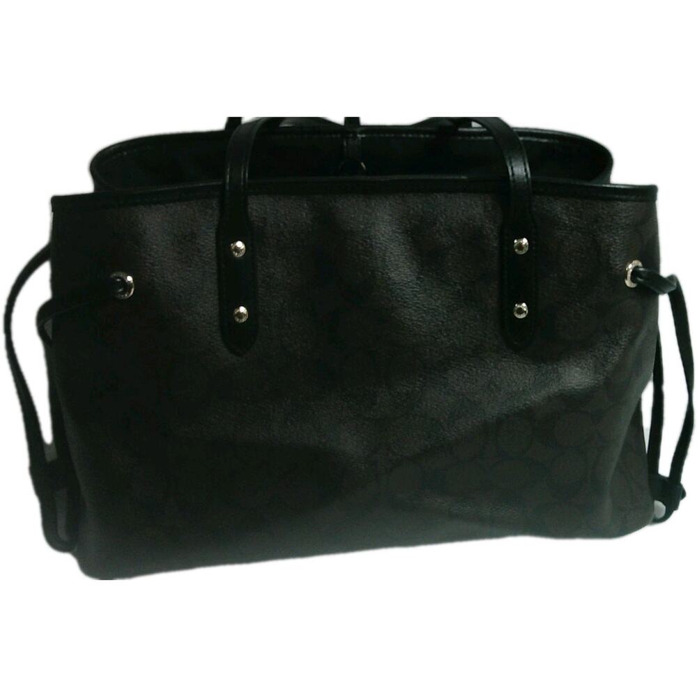 Coach Signature Coated Canvas Tote Black Leather Trim Shoulder Bag F57842 - Picture 3 of 8